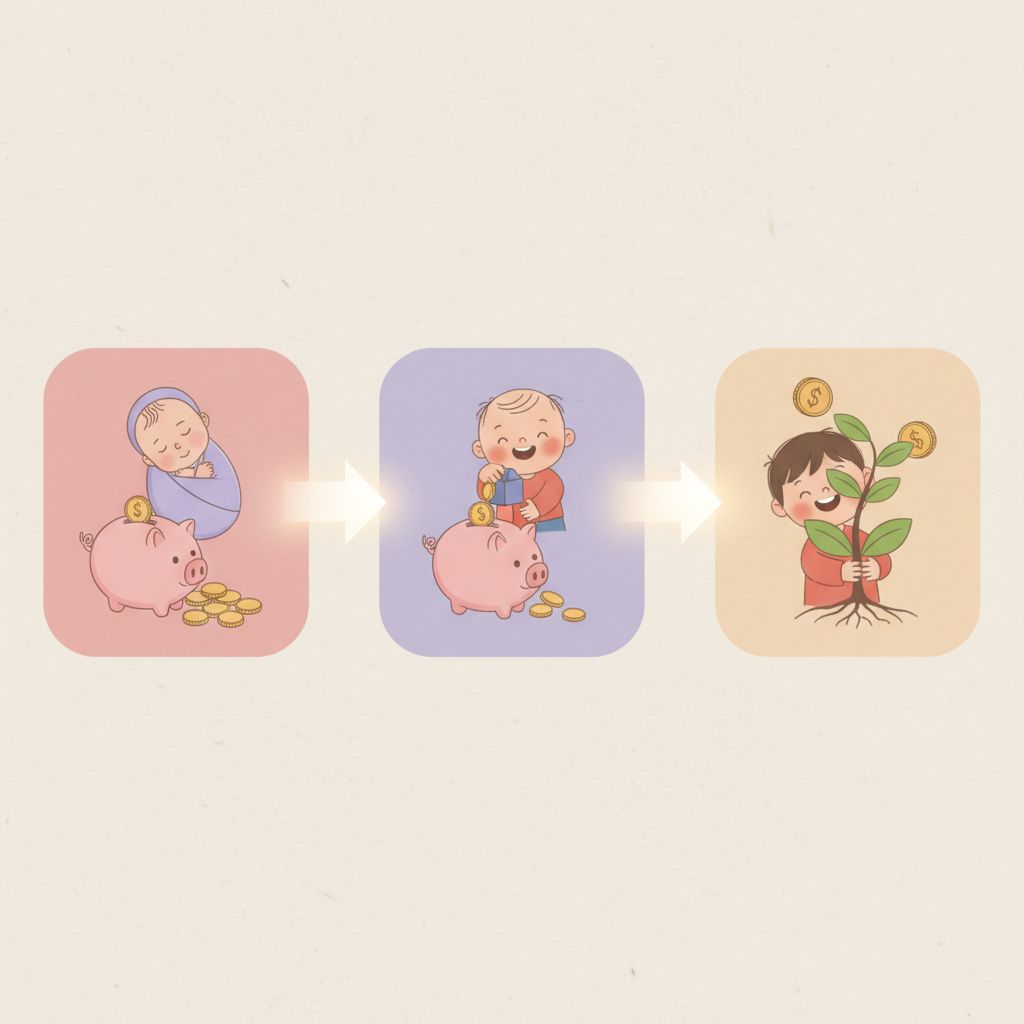 A piggy bank with a baby's hand putting coins in, next to a calendar year 2026