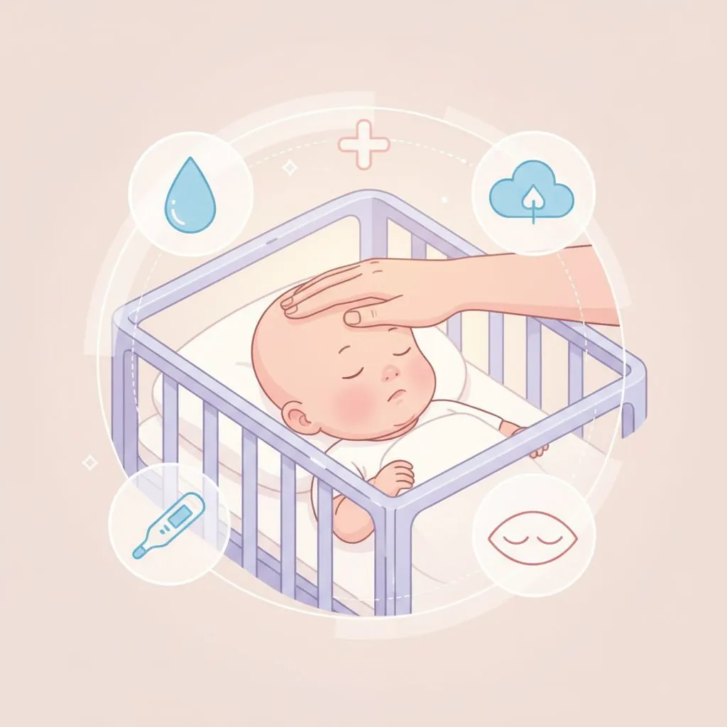 A parent administering saline nose drops to a baby, while another parent uses a bulb syringe for aspiration.
