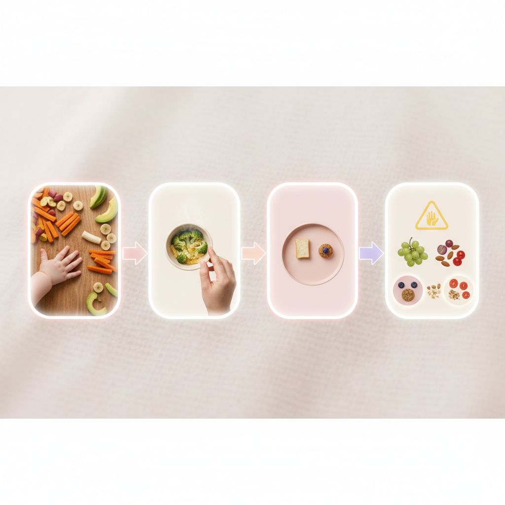 Various soft, colorful finger foods arranged attractively on a baby's high chair tray. Includes steamed carrot sticks, banana slices, and small cooked pasta shapes.