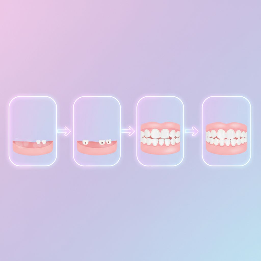 A close-up of a baby smiling, showing two tiny lower front teeth just emerging from the gums.