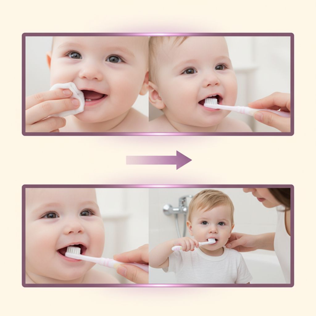 A parent gently wiping a baby's gums with a soft, clean gauze pad wrapped around their finger.