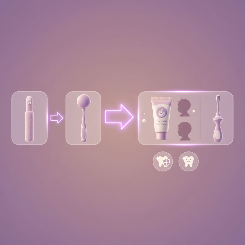 A variety of colorful baby toothbrushes and tubes of baby toothpaste arranged neatly.