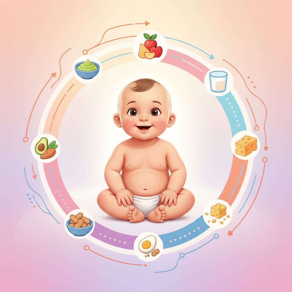 A baby smiling and curiously reaching for a small plate of mashed food, representing early food introduction