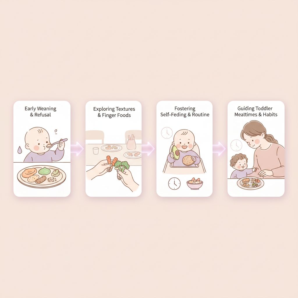 A baby joyfully exploring different textures of food on a high chair tray, with various small bowls of colorful purees and soft finger foods.