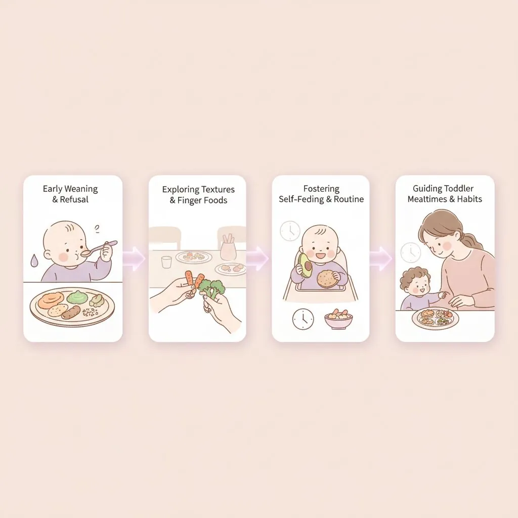 A baby joyfully exploring different textures of food on a high chair tray, with various small bowls of colorful purees and soft finger foods.