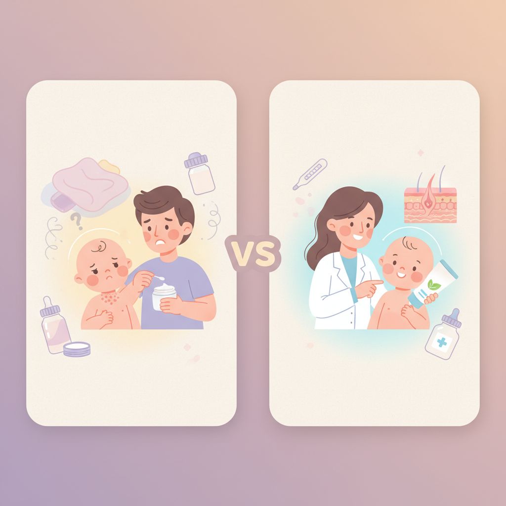 A parent gently applying baby lotion to their infant's arm after a bath, showing a careful and loving touch.
