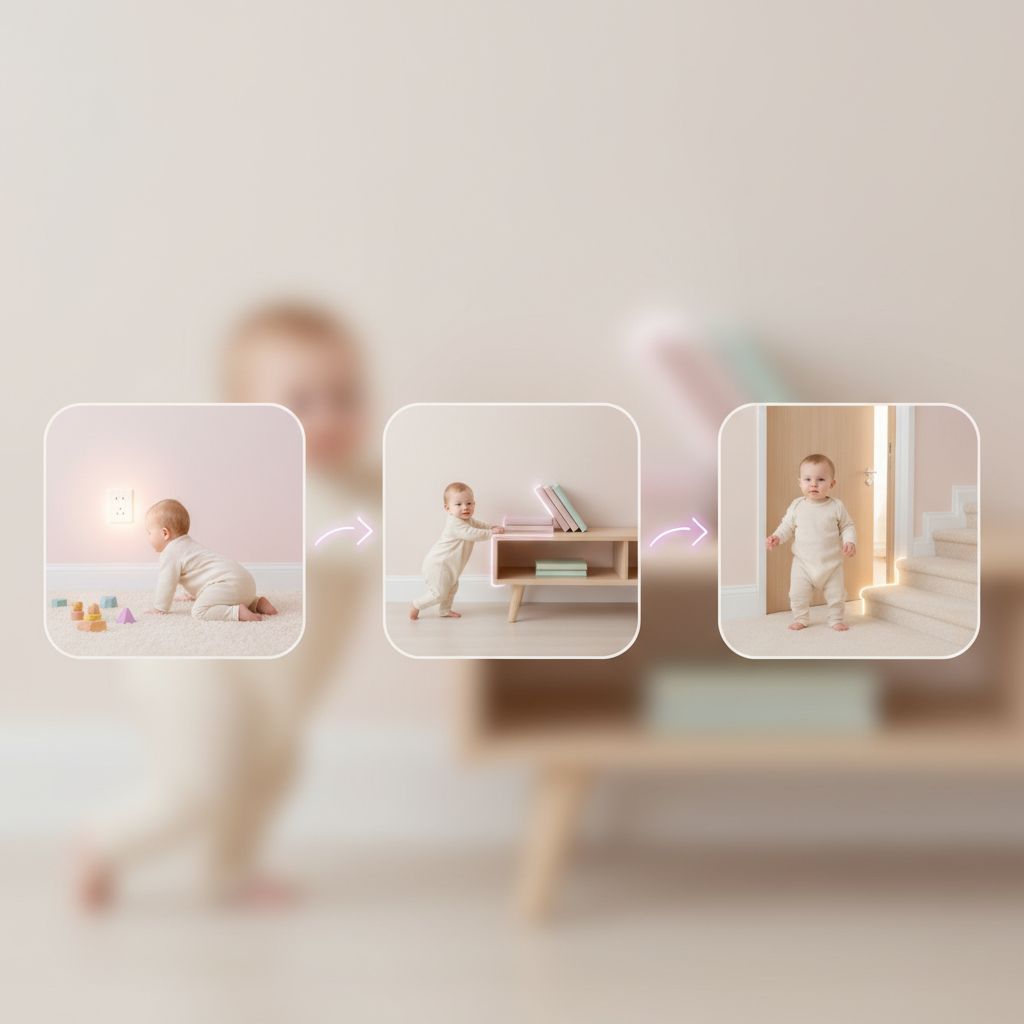 A baby crawling towards a low-lying electrical outlet, with a concerned parent gently guiding them away