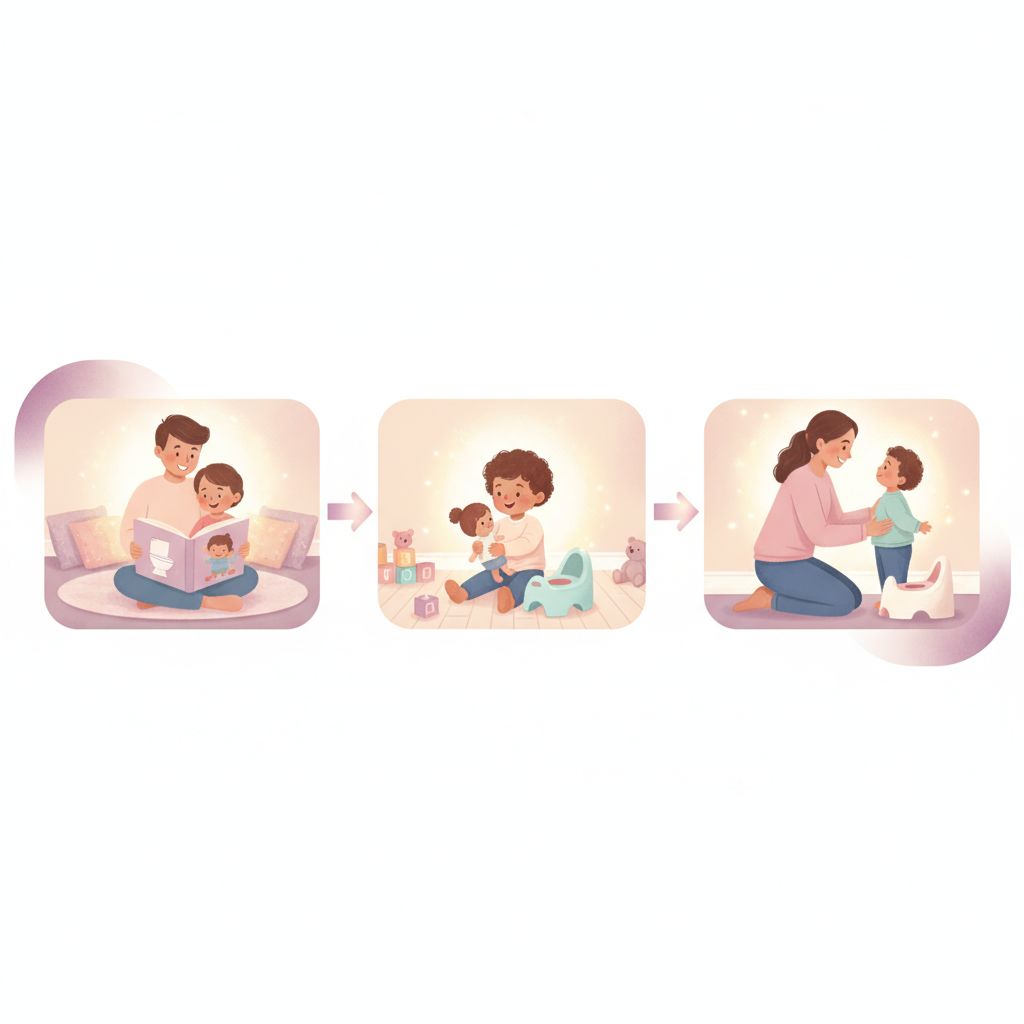 A child happily sitting on a colorful potty chair, looking engaged in a book while a parent is nearby
