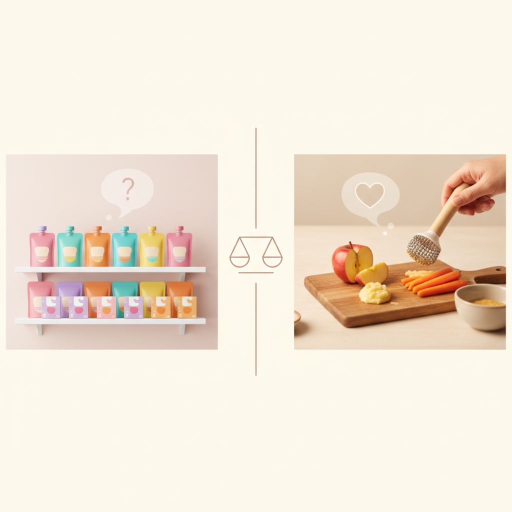 a split image showing packaged baby snacks on one side and fresh ingredients on the other