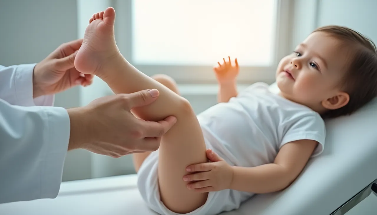 소아과 진료실에서 의사가 아기의 발목을 부드럽게 젖혀 유연성을 확인하는 모습 — 첨족 보행은 발목 젖힘 범위와 신경 검사로 원인을 감별해요