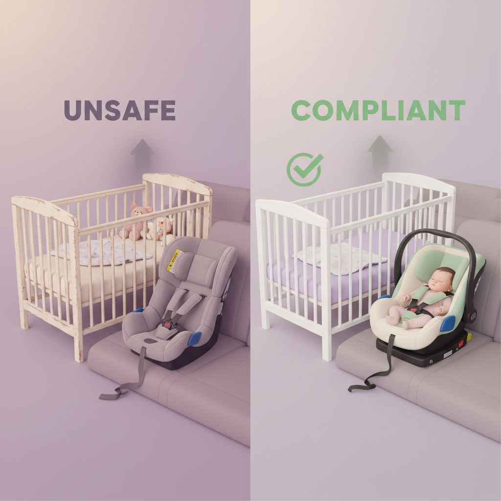 A baby sleeping safely in a crib with a parent checking on them