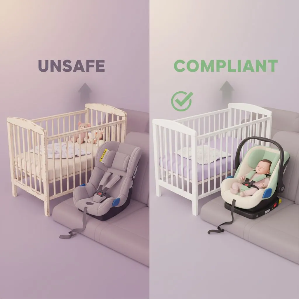 A baby sleeping safely in a crib with a parent checking on them