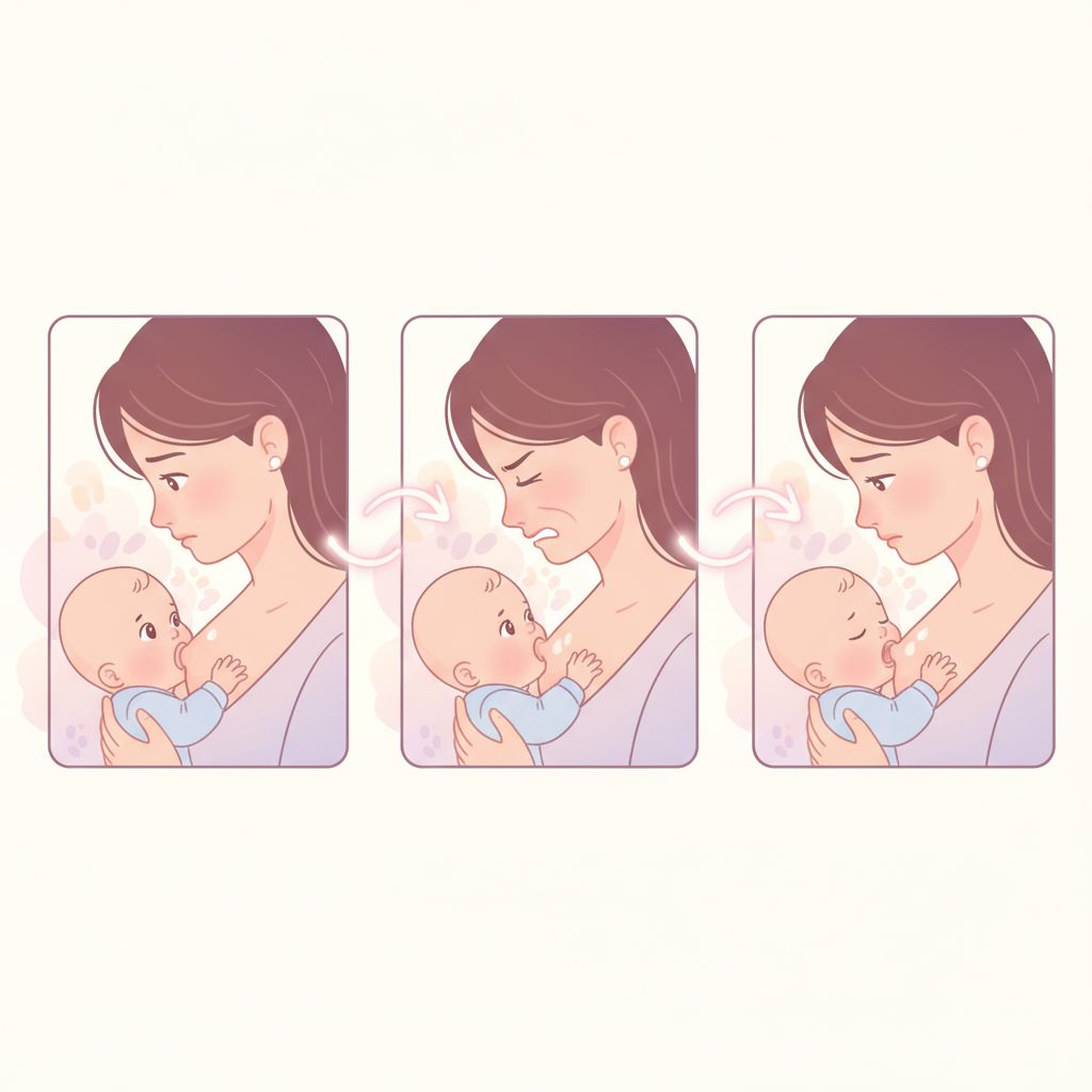 A new mother looking tired but determined while breastfeeding her newborn baby in a comfortable chair.
