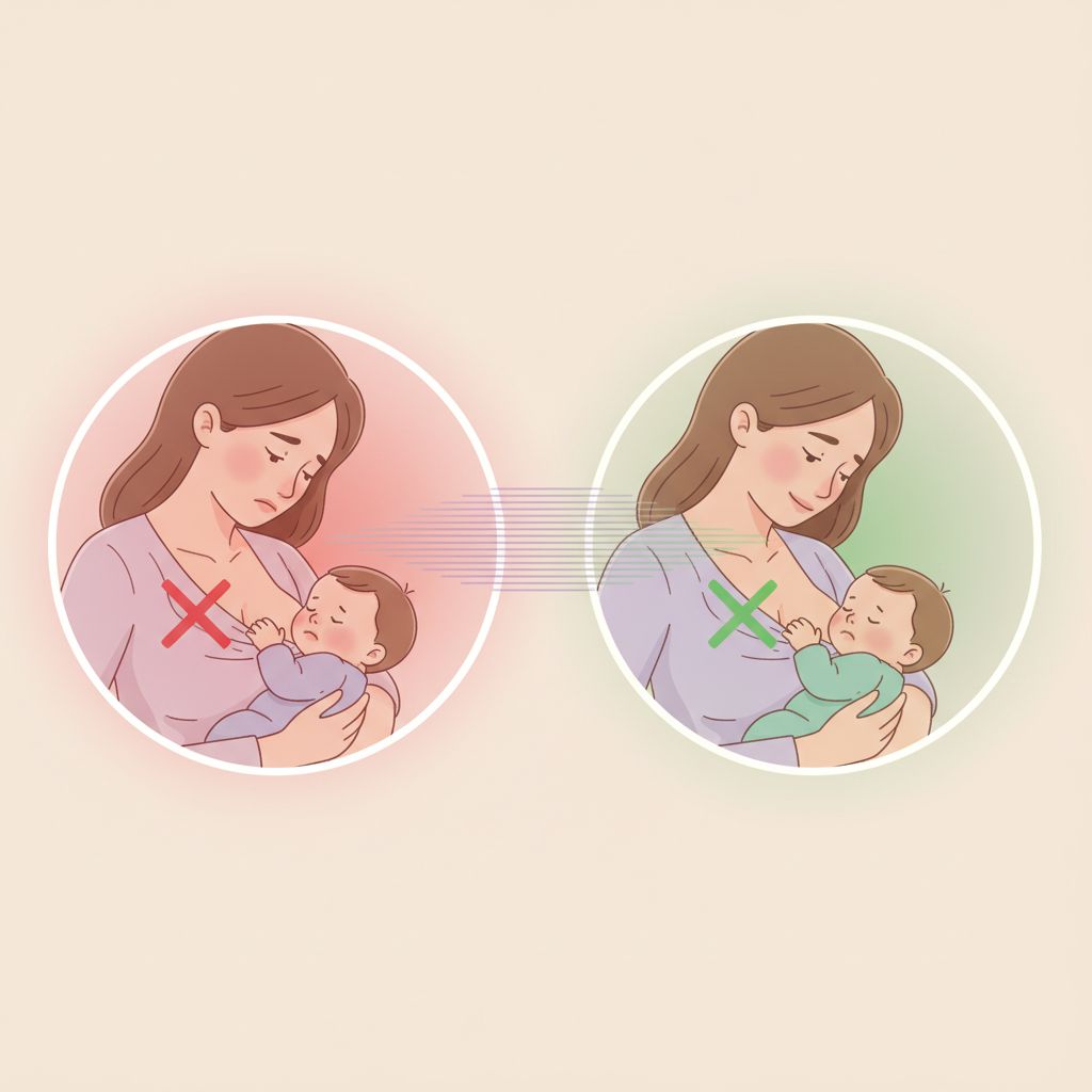 A mother demonstrating the cradle hold breastfeeding position with a calm baby.