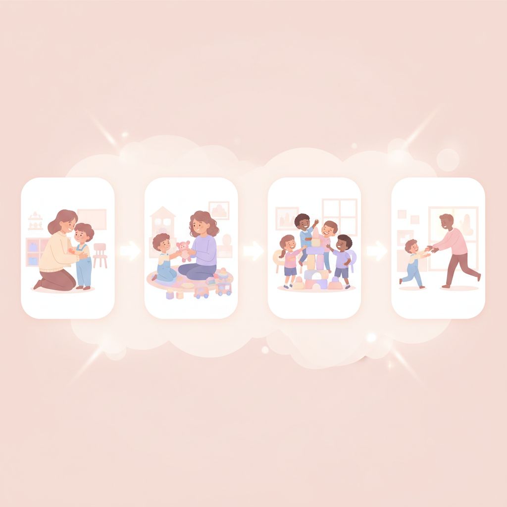 A parent kneeling, comforting a crying toddler who is looking anxiously towards a daycare building