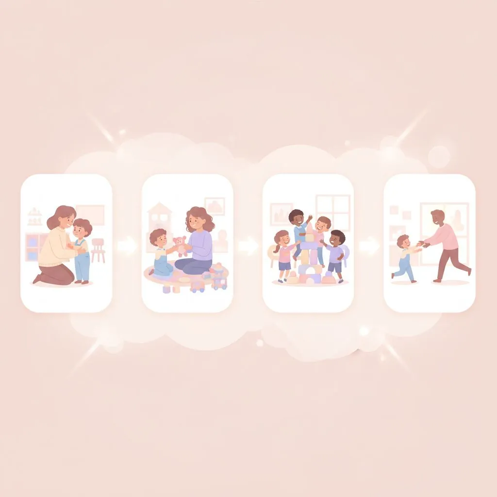 A parent kneeling, comforting a crying toddler who is looking anxiously towards a daycare building