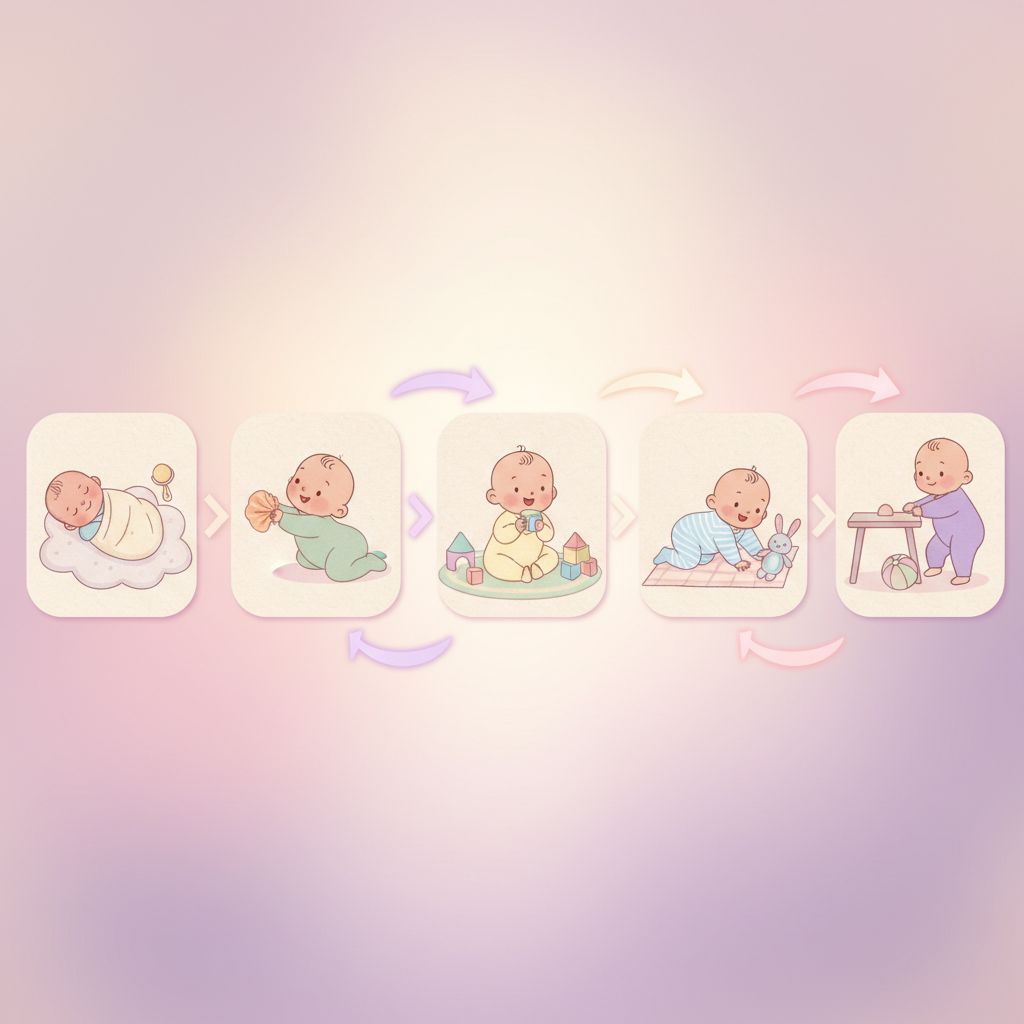 a happy baby playing with a soft toy, symbolizing early development