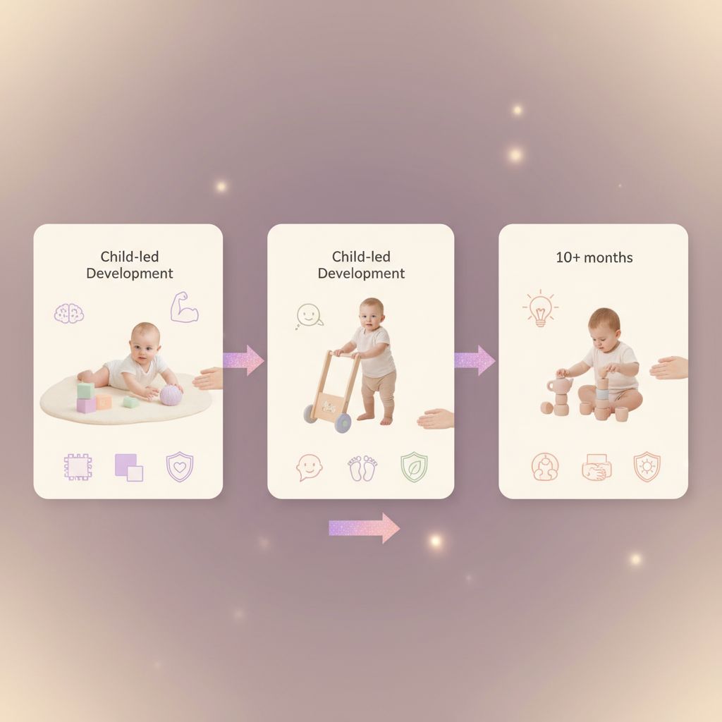 a parent happily watching their baby play with an age-appropriate toy, representing shared experiences