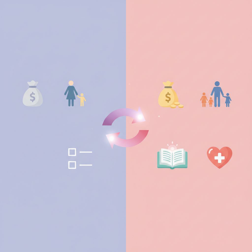 A calendar with the year 2026 highlighted, surrounded by various icons representing financial support and baby care items.