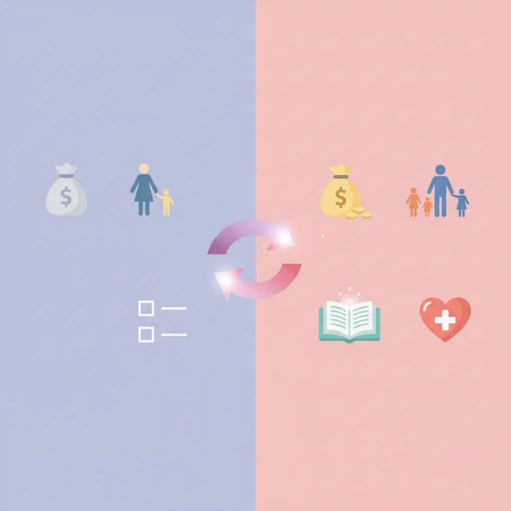 A calendar with the year 2026 highlighted, surrounded by various icons representing financial support and baby care items.