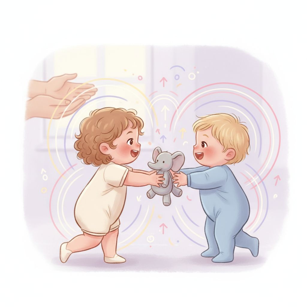 A baby smiling and reaching out to another baby, with parents gently supervising in a soft, bright playroom.