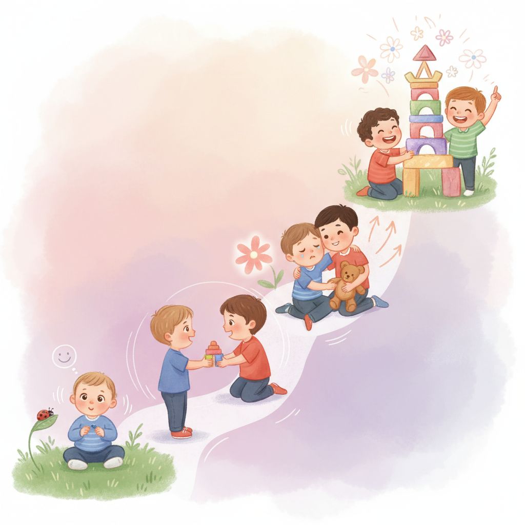 A simple infographic showing different ages (0-6 months, 7-12 months, 1-2 years, 2-3 years) with small icons representing social milestones.