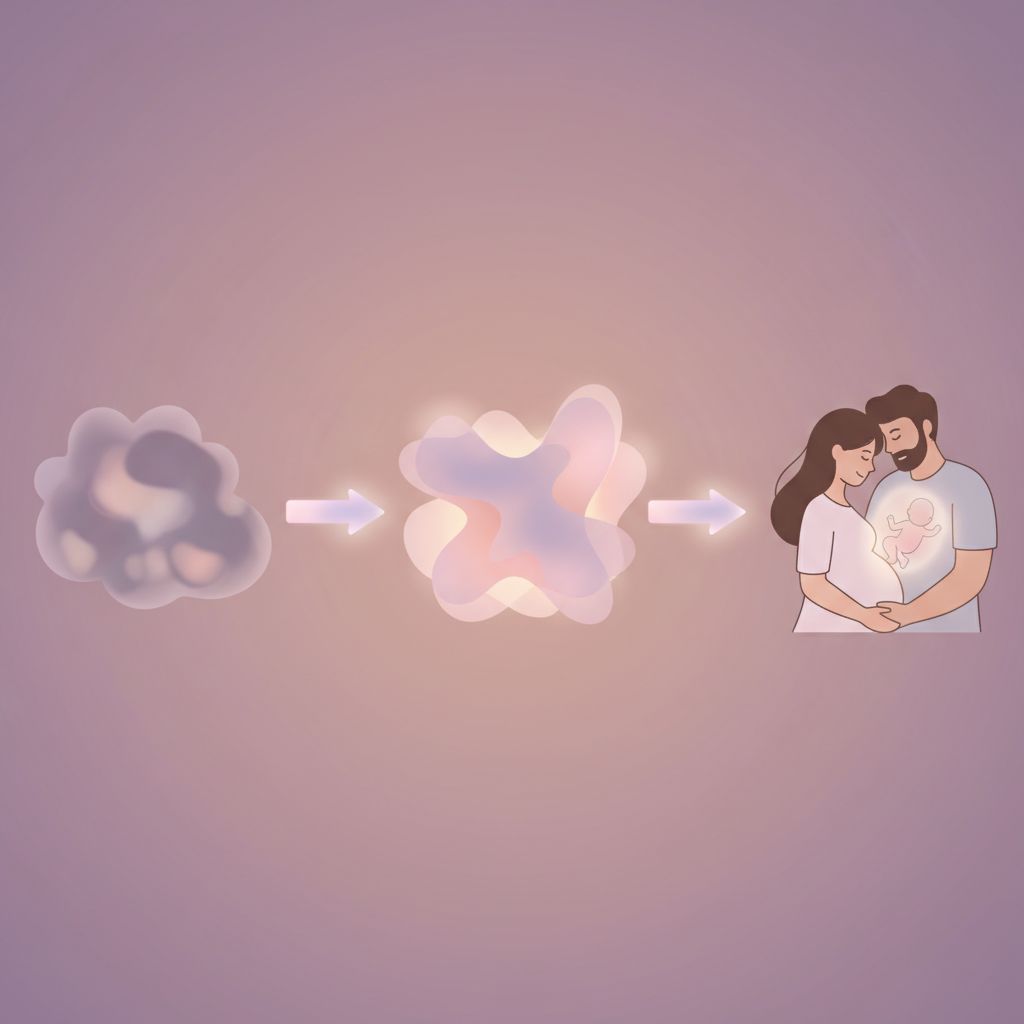 A pregnant woman looking thoughtful and slightly anxious about labor, with a loving partner gently holding her hand in a warm, supportive setting.