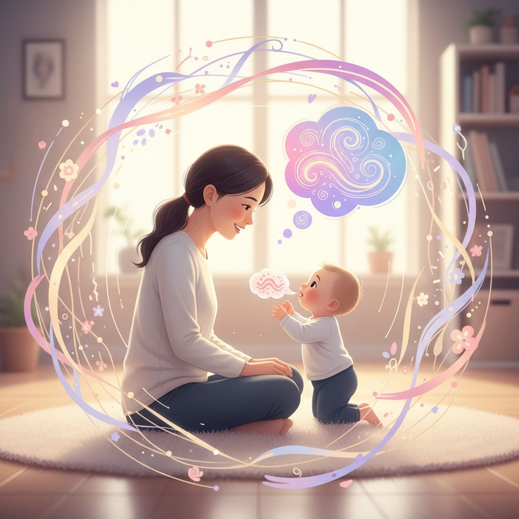 A diverse group of toddlers happily interacting and babbling in a bright, playful environment.