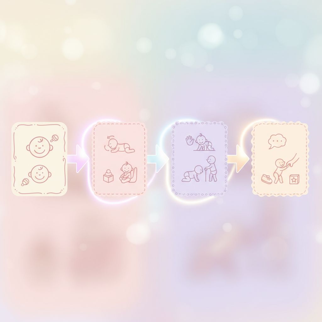 A chart depicting baby milestones across different months, with various activities like smiling, sitting, crawling, and walking illustrated