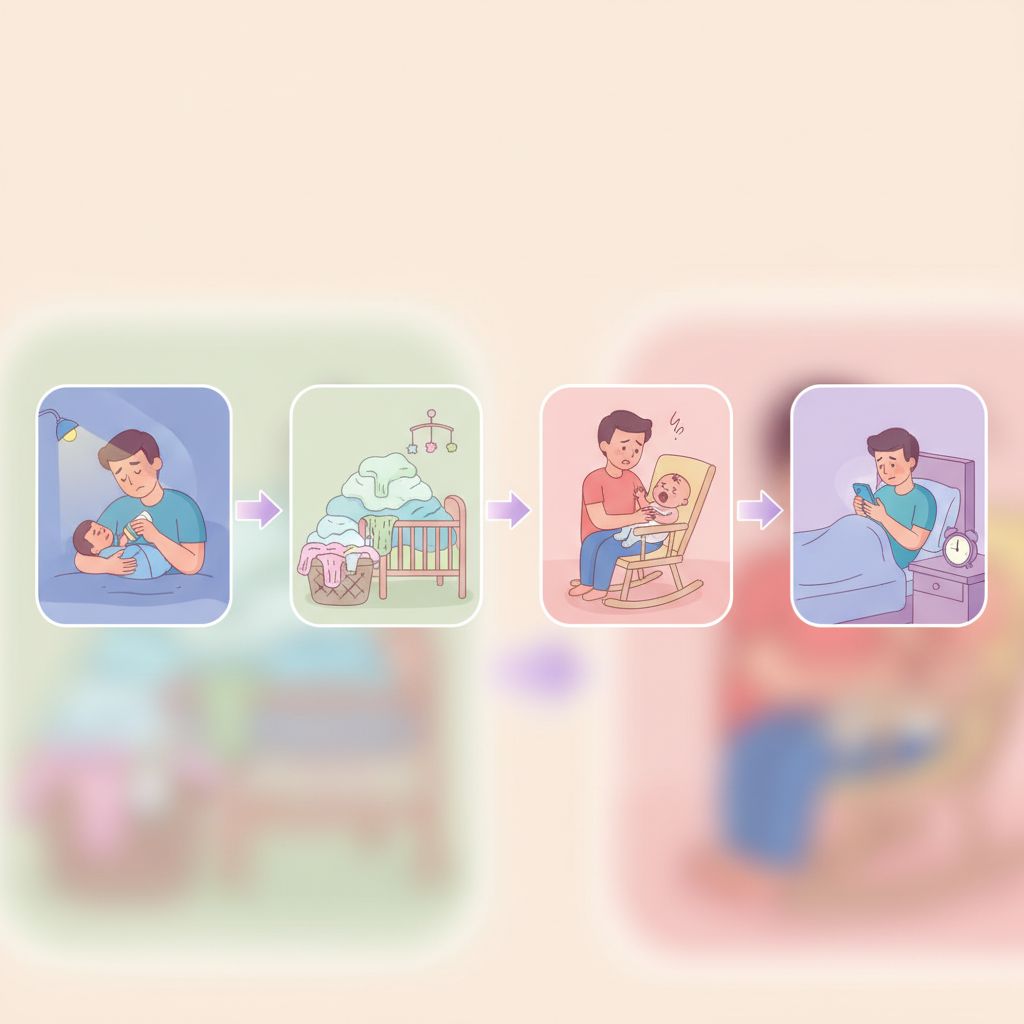 A tired parent looking at a crying baby, surrounded by baby items in a slightly messy room