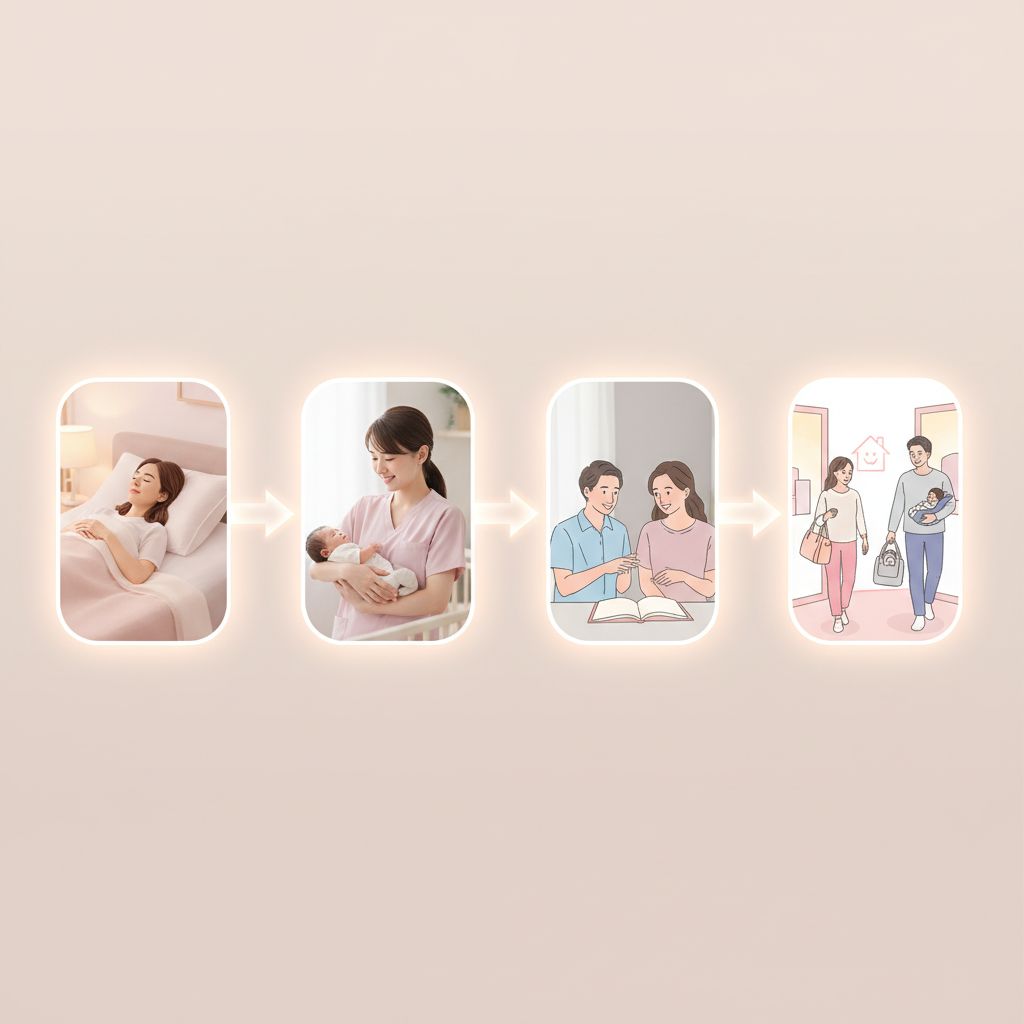 A serene mother holding a newborn baby in a bright, modern room, symbolizing postpartum recovery and care.