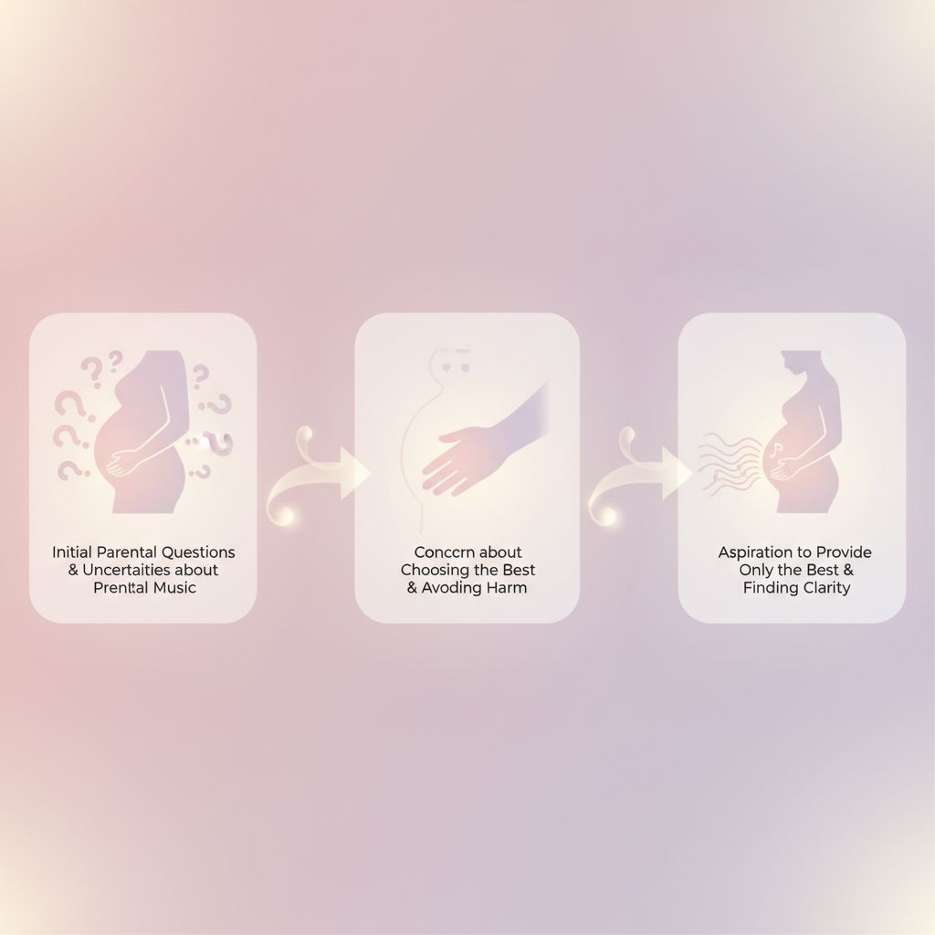 A pregnant woman gently touching her belly, listening to soft music through headphones, with a serene expression.