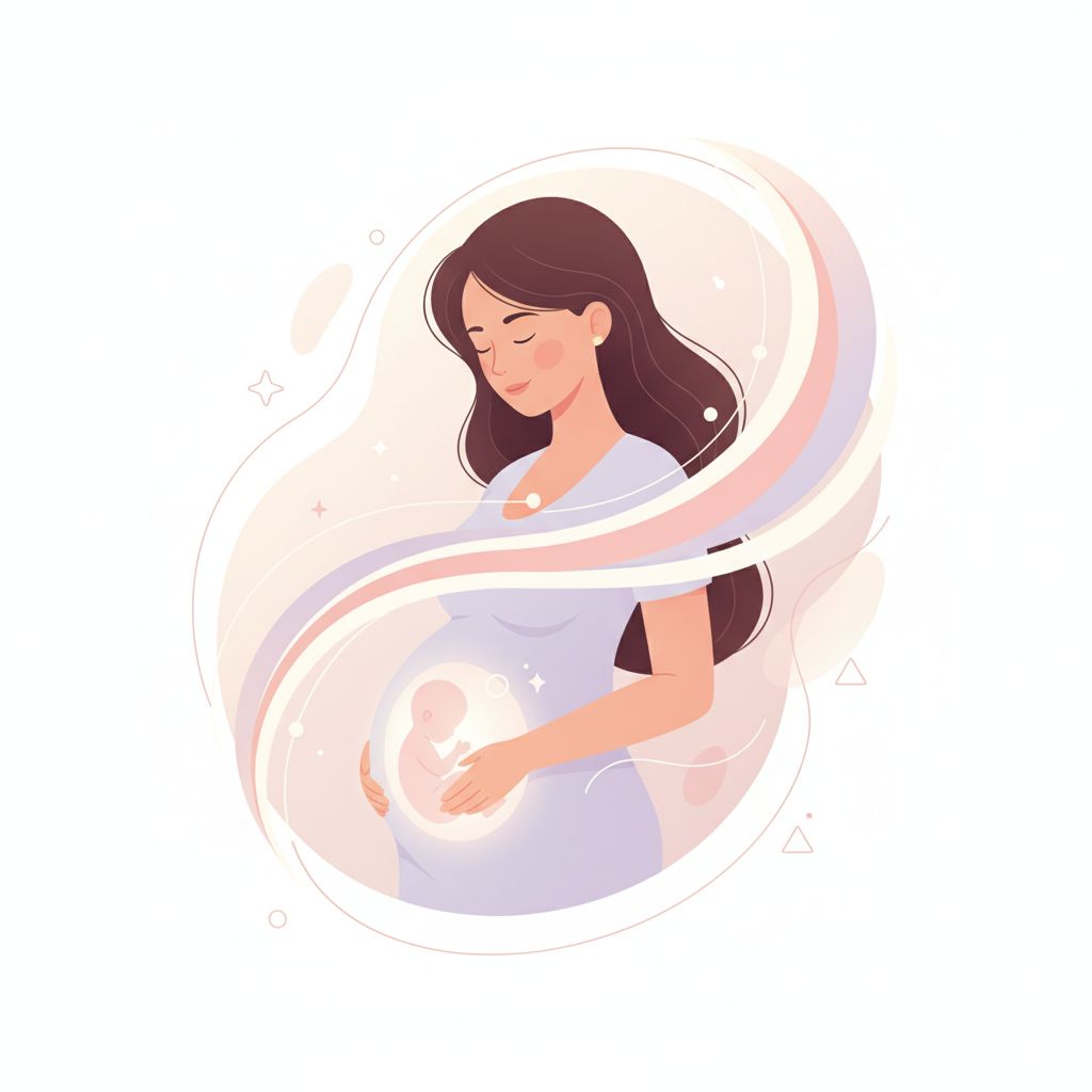 A diverse group of pregnant women attending a prenatal yoga or meditation class, with soft music playing in the background.