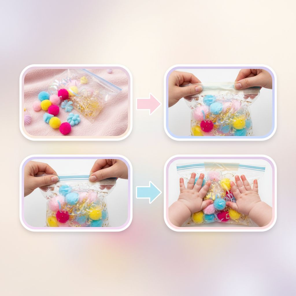 A parent and baby interacting with a homemade colorful sensory bottle