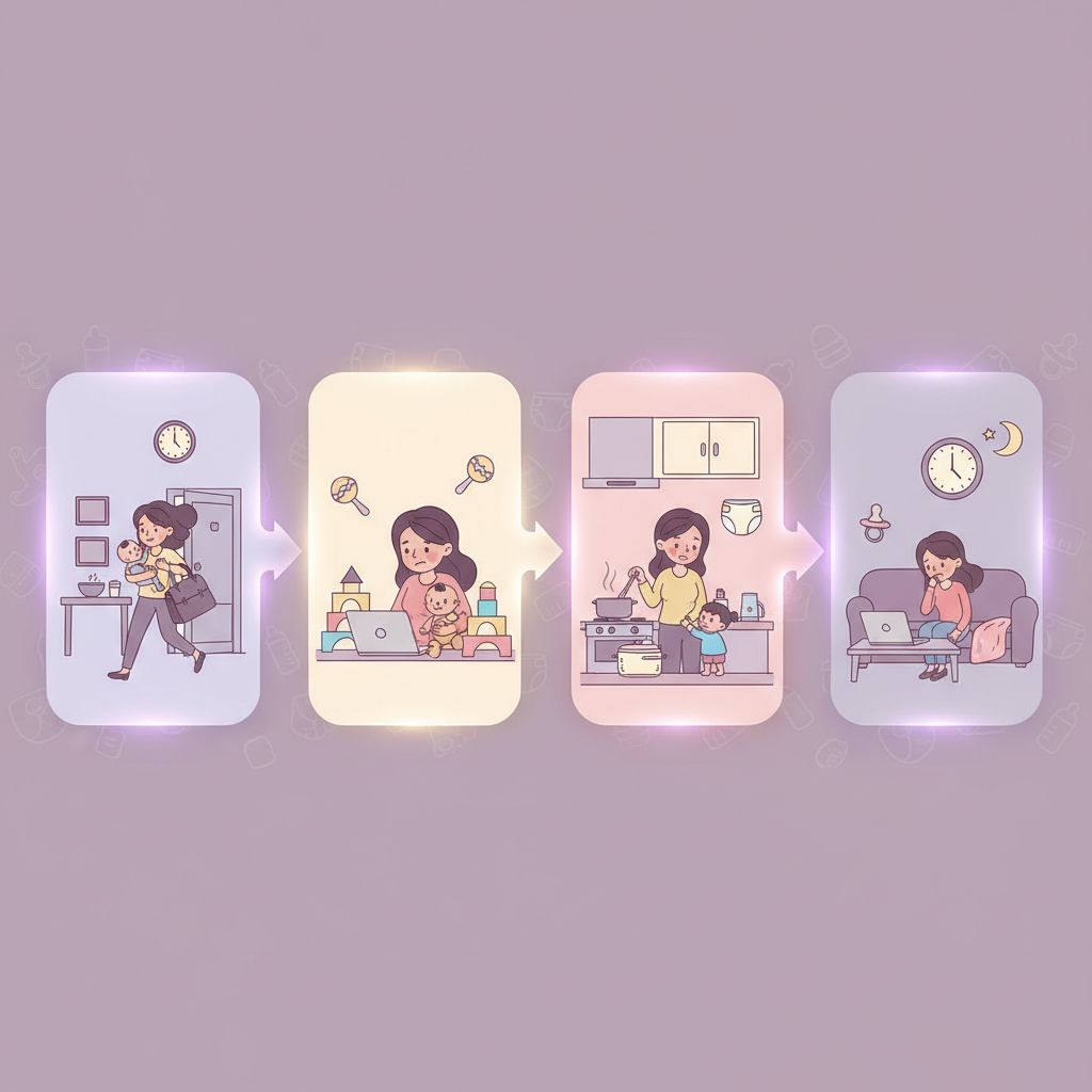 A frustrated working mother juggling a laptop, a crying baby, and a grocery bag, looking overwhelmed in a modern home setting.